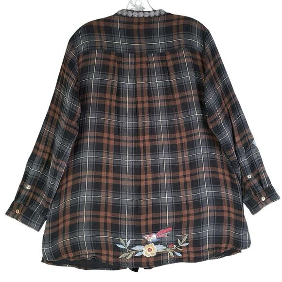 Johnny Was Workshop Button Down Shirt Plaid Embroidered Size Small S Floral - Picture 3 of 13